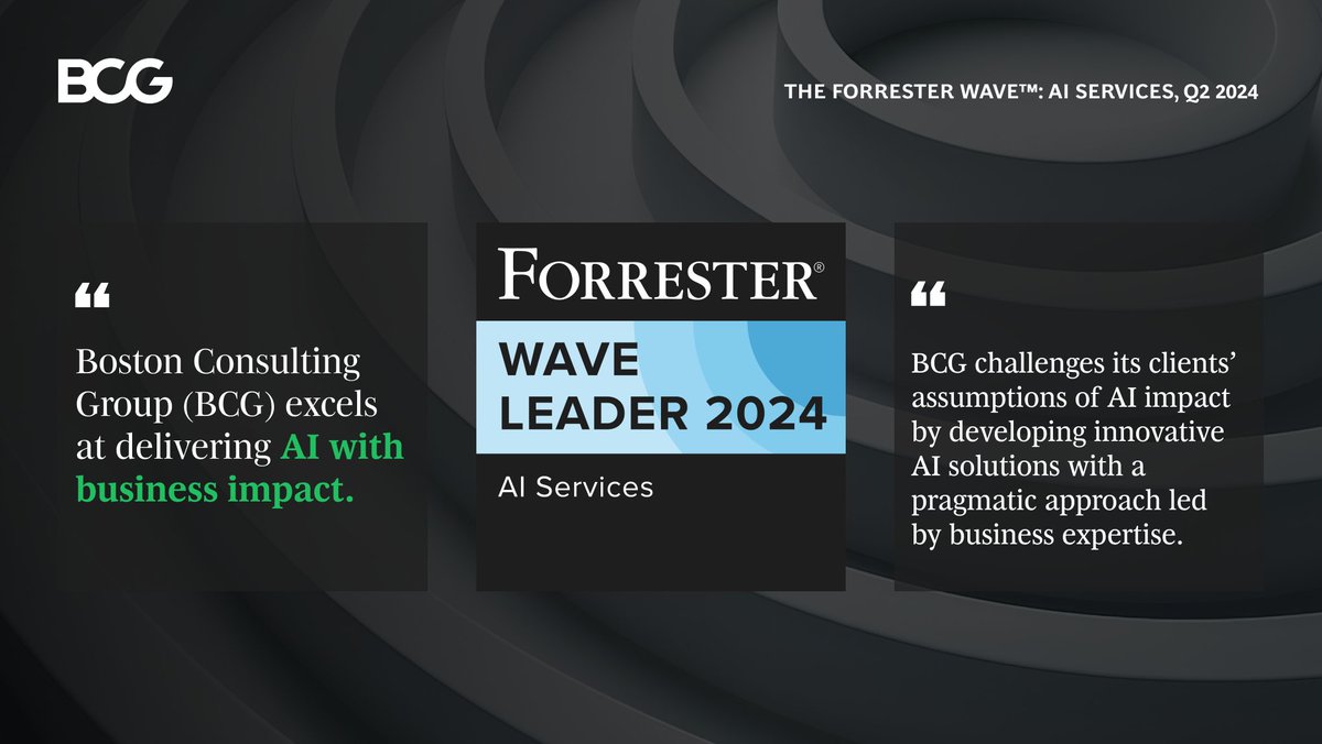 We're proud to announce that BCG has been named a Leader in AI Services by @forrester, an independent research firm that evaluates the market's top vendors. Discover why leading organizations choose us as their AI partner to elevate their impact. on.bcg.com/4bhAChw