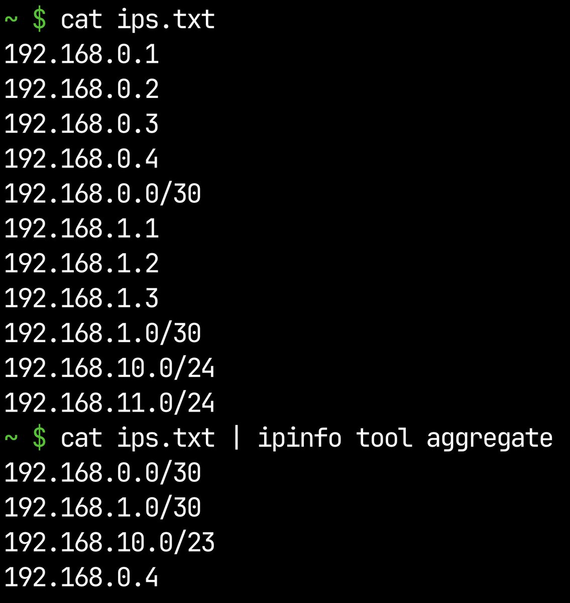 Minimize a list of IPs by merging overlapping and contiguous IP addresses and CIDRs with the aggregate tool, One of the many handy tools in the ipinfo CLI! Here's 'ipinfo tool aggregate' in action 👇