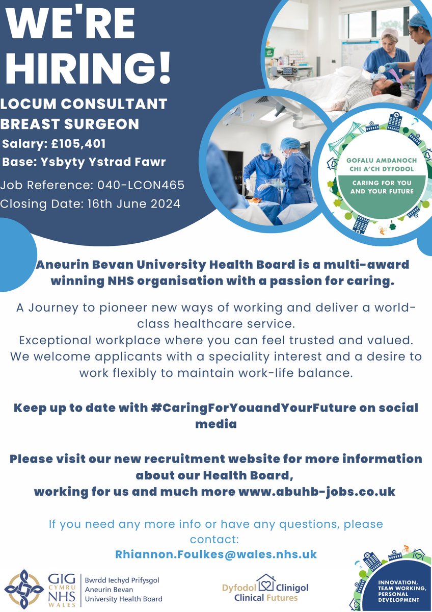 We are Recruiting! Locum Consultant Breast Surgeon Are you interested? Apply today: healthjobsuk.com/job/UK/Newport… Closing date: 16th June 2024 Job Ref: 040-LCON465 #ABUHB #Locum #Consultant #Breast #Surgery #NHSWales #NHSJobs #hiring