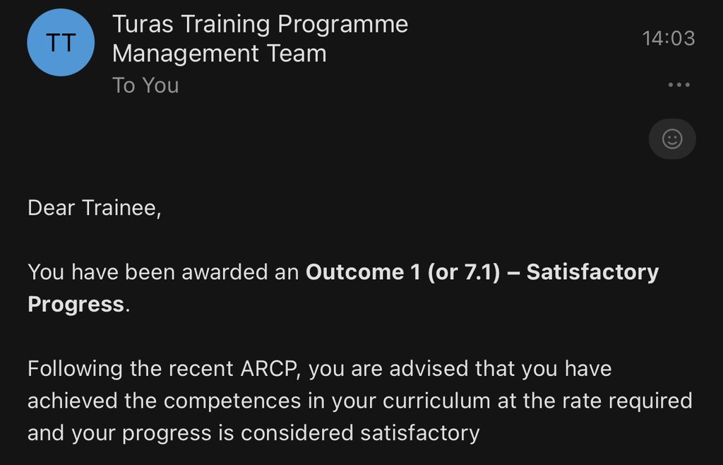 Ah, 'Satisfactory Progress' Truly the highest honor a trainee can aspire too.