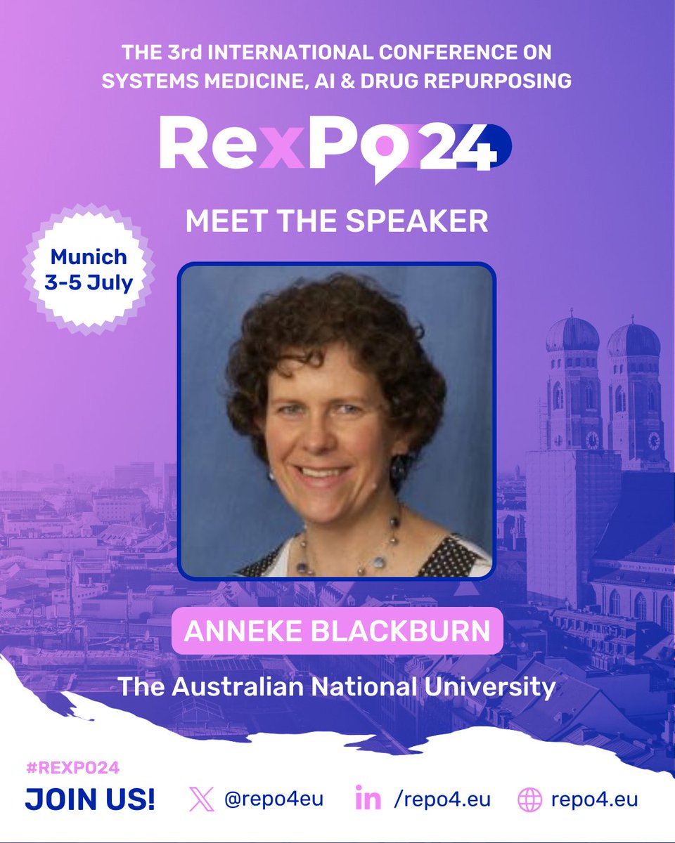 #RExPO24 Speaker Spotlight 💊 @AnnekeBlackburn, Associate Professor at @ourANU 🇦🇺

Are you ready to meet the top voices shaping the #FutureOfMedicine? Join us in Munich on 3-5 July for RExPO24, the conference on #SystemsMedicine, #AI & #DrugRepurposing 👇
repo4.eu/rexpo24/agenda