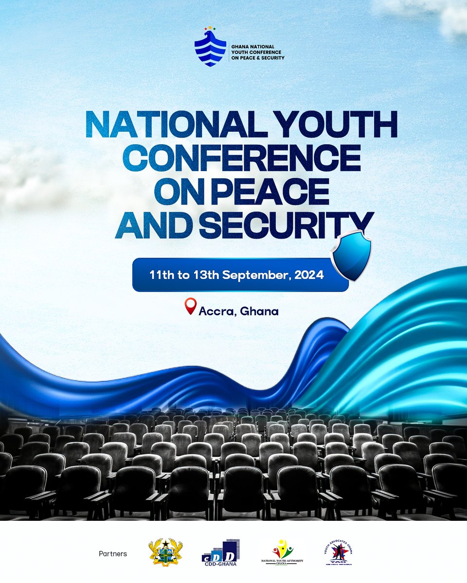 National Youth Conference In 🇬🇭 Youth Advocates Ghana and its partners will host a National Youth Conference on Peace and Security in Accra on 11th-13th Sept., 2024. Mark the dates on your calendar. See attached flyer for further information. #SDGs16 #YouthPeaceSecurity