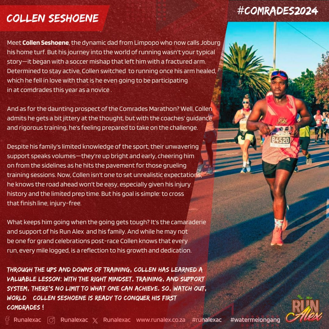 Meet Collen Seshoene gearing up for his first @ComradesRace ! We couldn't be prouder and we were cheering you on all the way. Let’s Go, Champ! 🚀 #WatermelonGang🍉 #RunAlexAC #Comrades2024