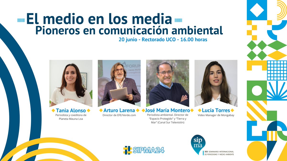 En #SIPMA24 conoceremos más sobre #MedioAmbiente y #MediosdeComunicación:

✅El medio en los media. Pioneros en comunicación ambiental
📅 20 junio 📍 @UnivCordoba

👉Tania Alonso
👉Arturo Larena
👉José María Montero
👉Lucía Torres

⬇️Conoce más de los ponentes⬇️
