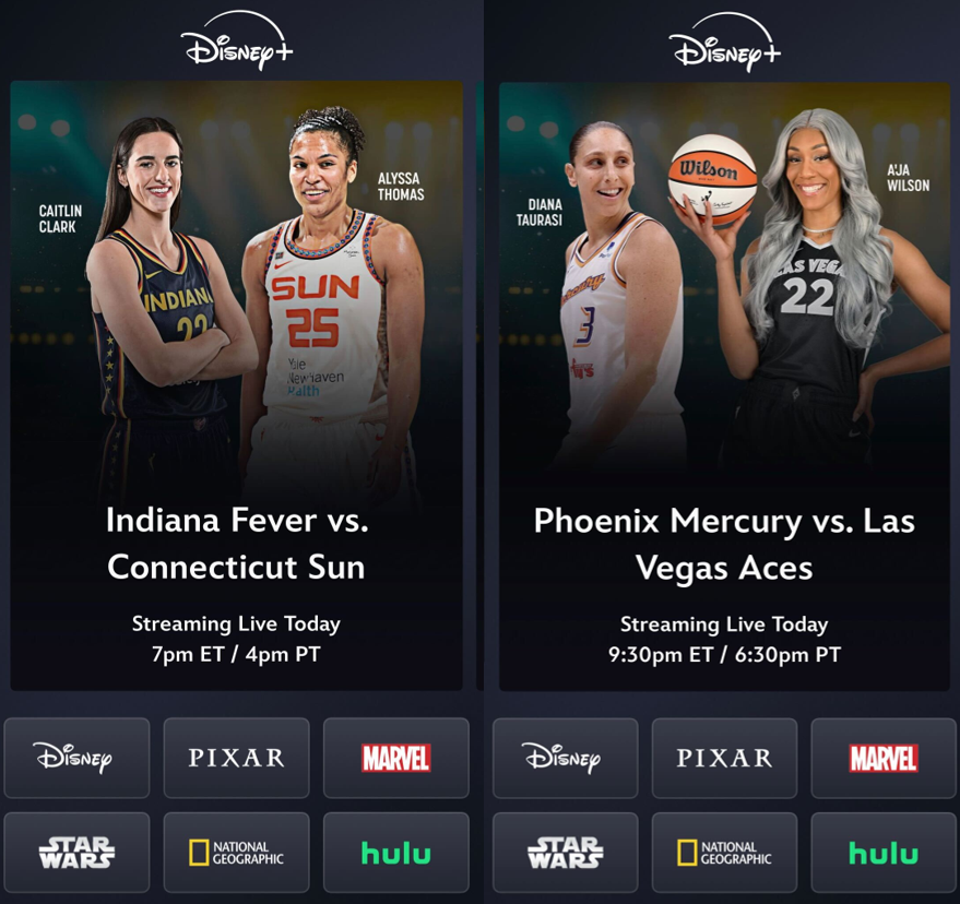 The most anticipated season in #WNBA history tips off tonight. In addition to ESPN2 & ESPN+, the opening doubleheader will be the first non-animated live sports events on Disney+: bit.ly/3QJ9JLh Great to see these @WNBA matchups in the featured carousel on the App.