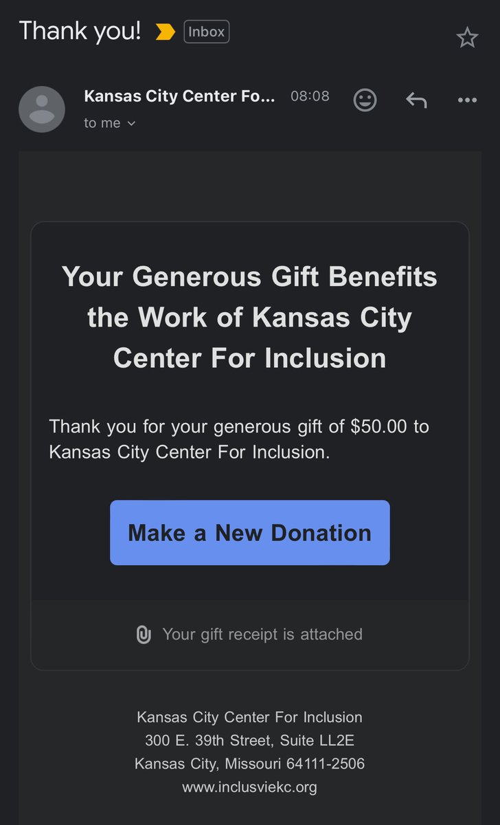 jcmack03's tweet image. In honor of @buttkicker7’s awful speech I donated to the Kansas City Center for Inclusion, an affirming &amp;amp; supportive space for LGBTQIA+ people. I encourage you to do the same if you’re so inclined to show what kind of community Kansas City really is.

🔗: inclusivekc.org/donate