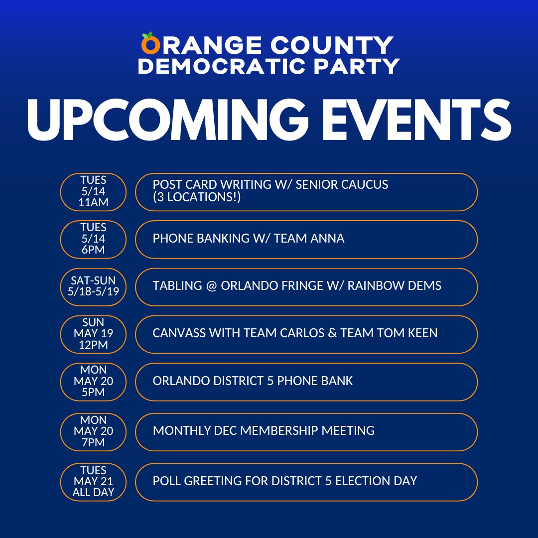 We have some amazing opportunities this month to get involved & there’s something for everyone 💙 See our linktree in bio to register or visit our mobilize dashboard: mobilize.us/orangecountyde… And don’t forget: early voting is happening NOW for the District 5 special election! 🗳️