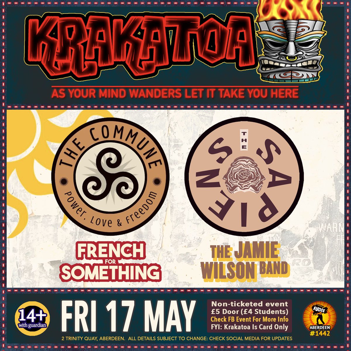 VolcanicTiki's tweet photo. #friday #krakatoa #bar #aberdeen #live #music #gig #bands #djs #clubnight #fudgeaberdeen #volcanictiki #independentvenue #grassroots 
#thecommune #thesapiens #frenchforsomething #thejamiewilsonband https://t.co/iq2nZgexh8
