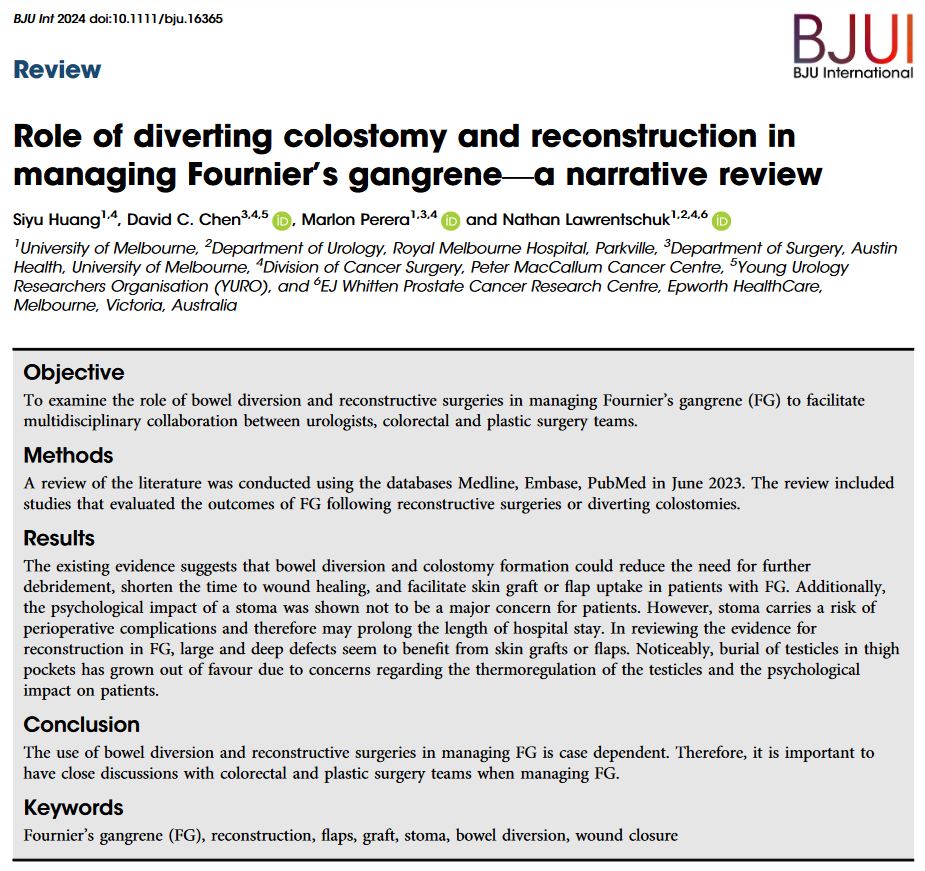 Online now: Role of diverting colostomy and reconstruction in managing Fournier's gangrene - a narrative review. @lawrentschuk @AusYURO doi.org/10.1111/bju.16…