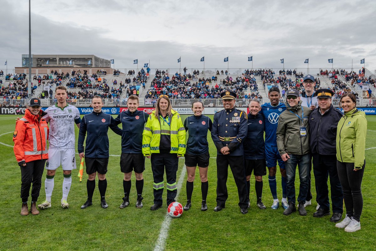 EHS Operations paramedics and @MedavieHealthEd  students had a great time on Saturday at the @HFXWanderersFC' First Responders Appreciation Match along with members from allied partners at @RCMPNS, @hfxfire @HfxRegPolice, and @HalifaxSAR. #COYW #TogetherFromAways #MyEMSDay