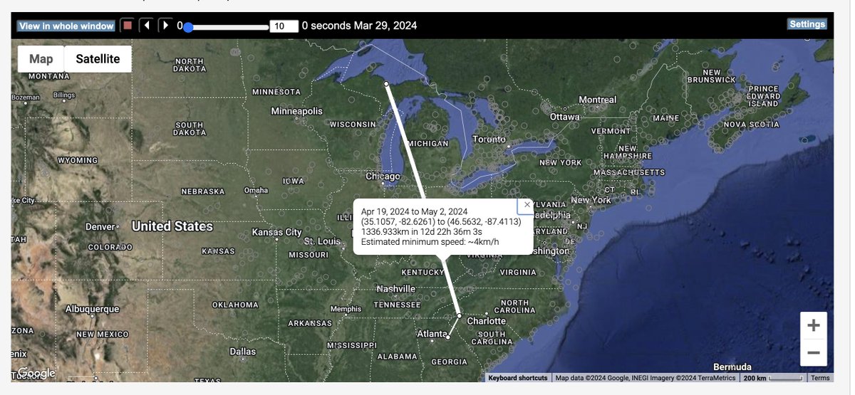 Doofgradstudent's tweet image. Really enjoying watching our #Motus tagged birds go up North! The dark blue are HETH, red are WTSP, orange is EATO and pink is actually just red but looks pink, idk.