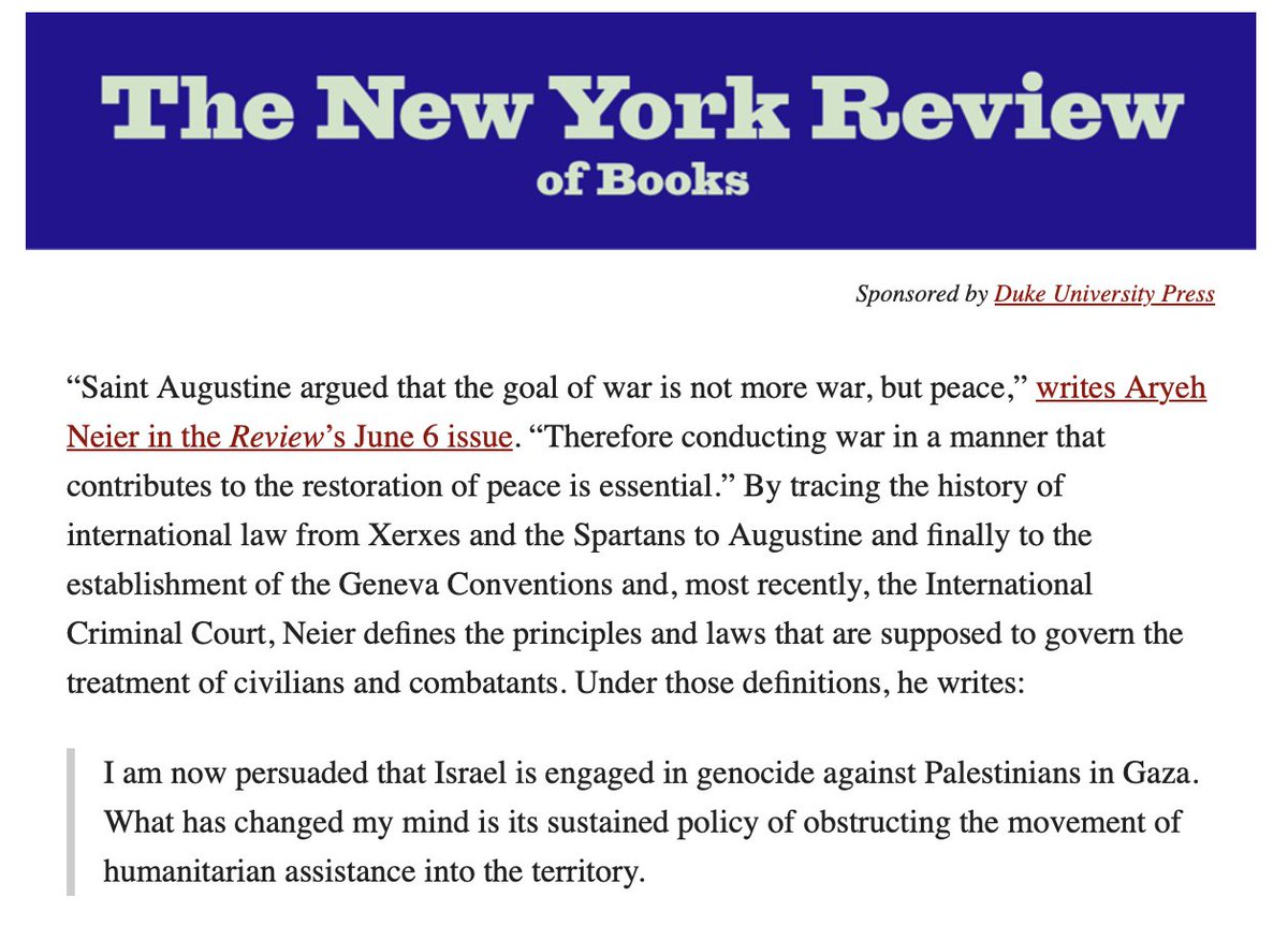 My 1st job was for Aryeh Neier. Hard to overstate how influential his views on human rights 'I'm now persuaded Israel is engaged in genocide against Palestinians in Gaza. What changed my mind is its sustained policy of obstructing the movement of humanitarian assistance' @nybooks