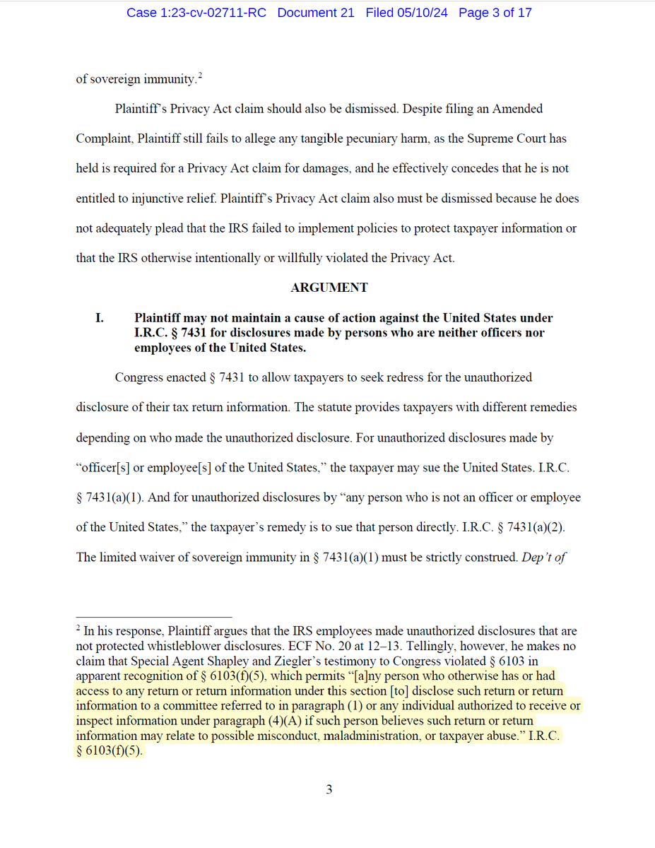 So this happened in Hunter Biden v. IRS: The government finally said the #IRSwhistleblowers did nothing wrong. And it finally cited the part of the tax secrecy law that authorizes their #whistleblower disclosures to Congress. Full PDF➡️ empr.me/HBvIRS-gov-rep… Highlights ⬇️🧵