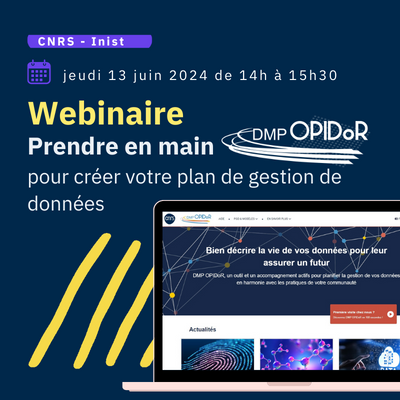 Prendre en main DMP OPIDoR
Inscrivez vous au  webinaire du jeudi 13 juin 2024 à 14H
Vous découvrirez la nouvelle interface plus ergonomique et plus intuitive et comment DMP <a href="/OPIDoR_INIST/">OPIDoR</a> vous guide et vous accompagne tout au long de la rédaction du PGD

inist.fr/nos-actualites…