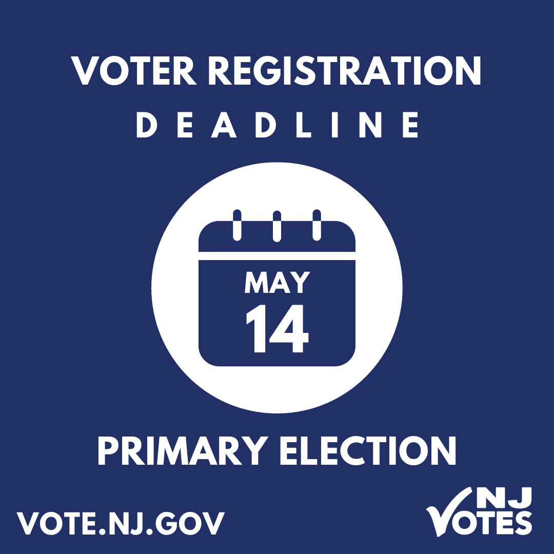 Attention New Jersey Voters: If you plan on participating in the 2024 Primary Election on Tuesday, June 4, be sure to register to vote! The Voter Registration Deadline is TODAY, Tuesday, May 14. #NJVotes #VoterRegistration #PrimaryElection