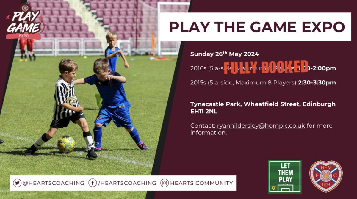 Play the Game Expos⚽️ Our 2016 Expo is now Fully Booked! We still have spaces for 2015 teams to join us at Tynecastle Park on the 26th May! Get in touch to get involved👇 📧: ryanhildersley@homplc.co.uk #PlaytheGame