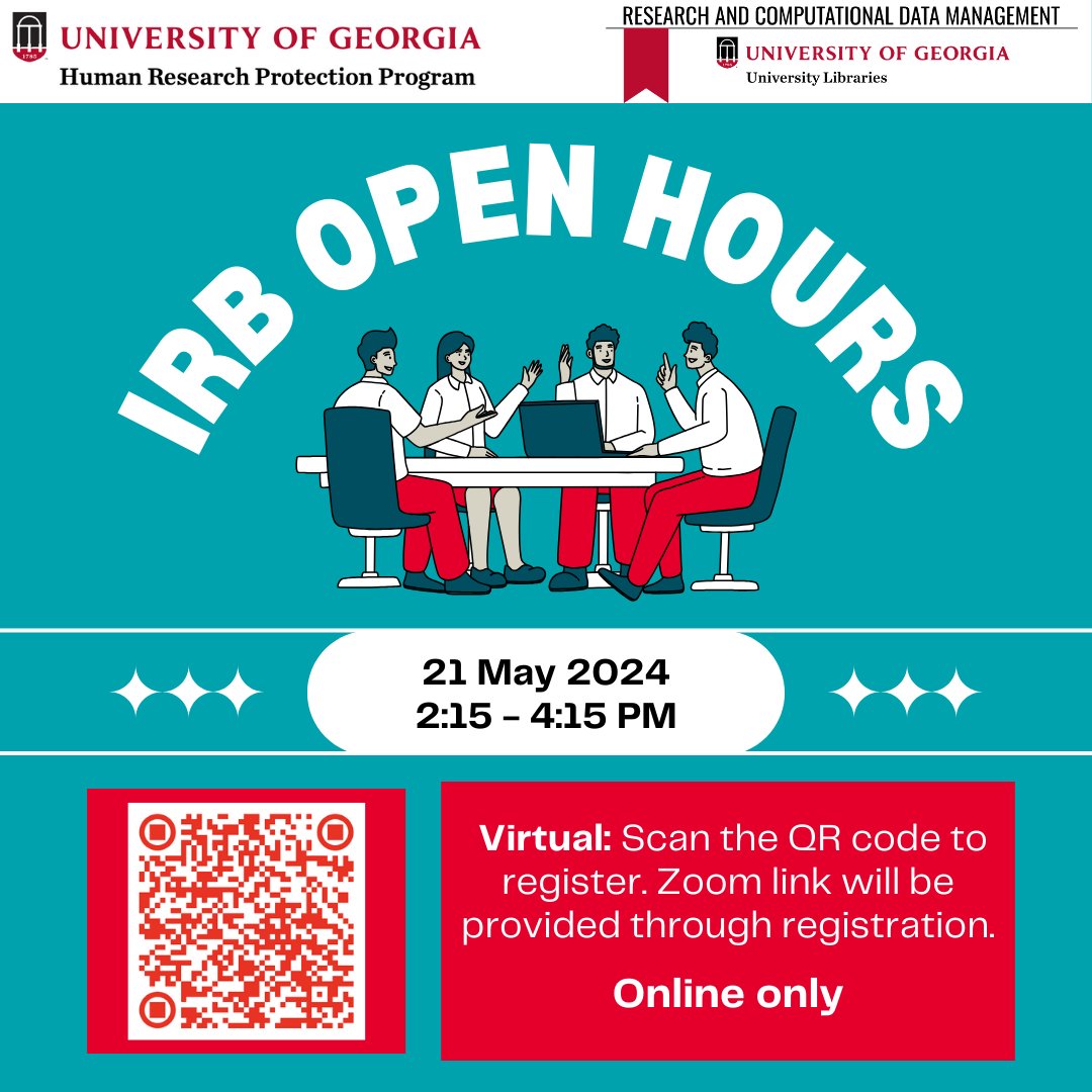 Do you have IRB questions? Come meet with the Protocol Assistance and Compliance Team (PACT), a team from the Human Subjects Office, from 2:15-4:15 on May 21! <a href="/ugalibs/">UGA Libraries</a> <a href="/UGAResearch/">UGA Research</a> <a href="/UGAGradSchool/">UGA Graduate School</a>