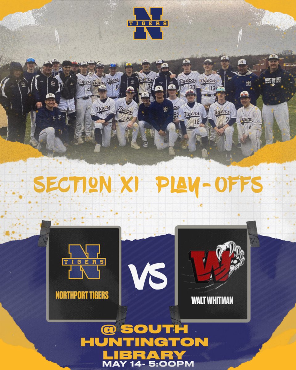 Varsity Baseball Team will travel to play Walt Whitman HS, in the opening round of the Section XI Tournament. The game will be played at the field at the South Huntington Library Field. Go Tigers!
