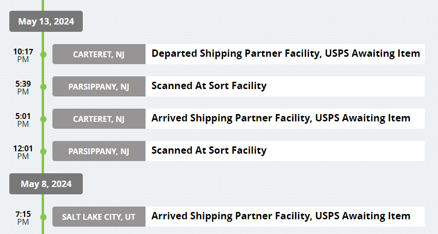 Twitter, I give you the USPS:

Package is being delivered to Parsippany!!