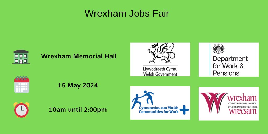 Looking for work in #Wrexham? Come to the @CFWWrexham #Jobsfair Confirmed employers include: @gappersonnel @2SFGofficial @magellanaero @WrexhamCBC @cardenpark @NWPolice @ClwydAlyn @recruit4staff @colegcambria @WrexhamUni @Hoya_UK #WrexhamJobs