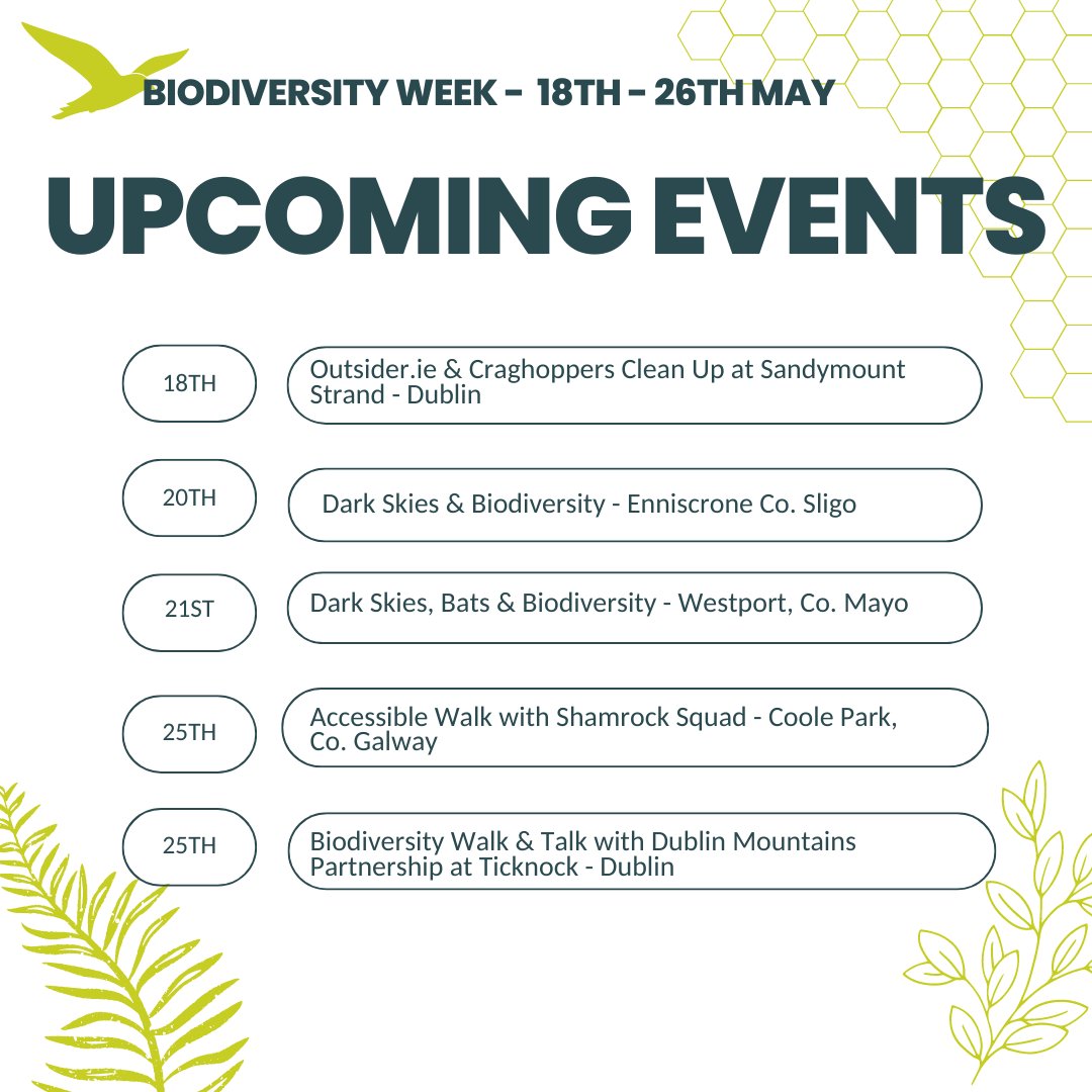 🌿 It's National Biodiversity week 18th - 26th May and we are thrilled to present a variety of amazing events from a clean up with the Outsider Magazine in Sandymount Strand, Dark Sky Ireland Biodiversity events and much more. leavenotraceireland.org/may-events-202…