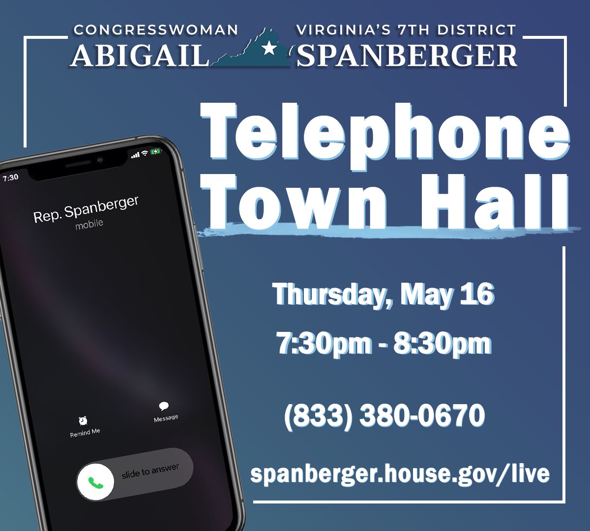 THURSDAY is our next telephone town hall! Join me to discuss the issues that matter most to you, your family, and our communities. ☎️ (833) 380-0670 🖥️ Watch live at spanberger.house.gov/live or facebook.com/RepSpanberger