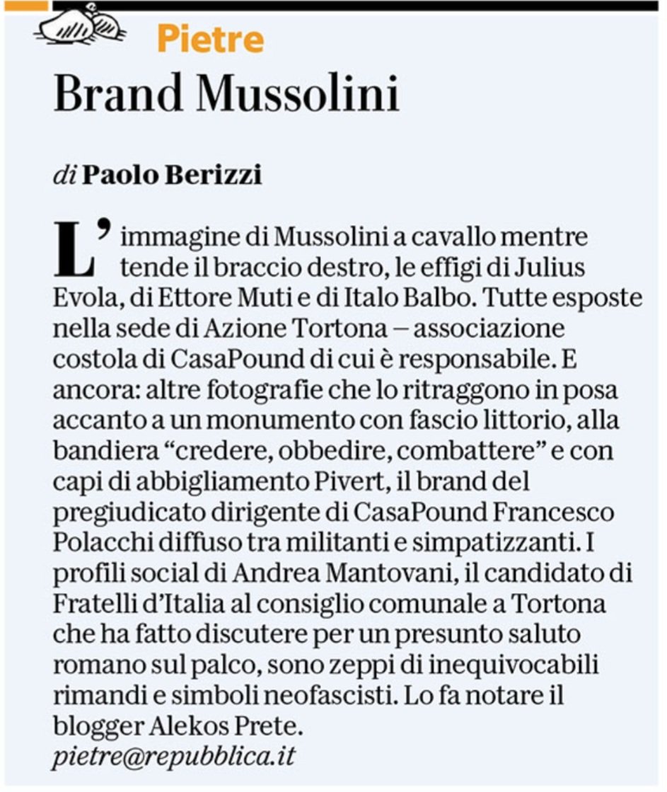 Il candidato di FdI (e esponente di CasaPound) al consiglio comunale di Tortona e il presunto saluto romano sul palco: ecco le foto e il 'marchio Mussolini' che tradiscono Andrea Mantovani. #Pietre @repubblica