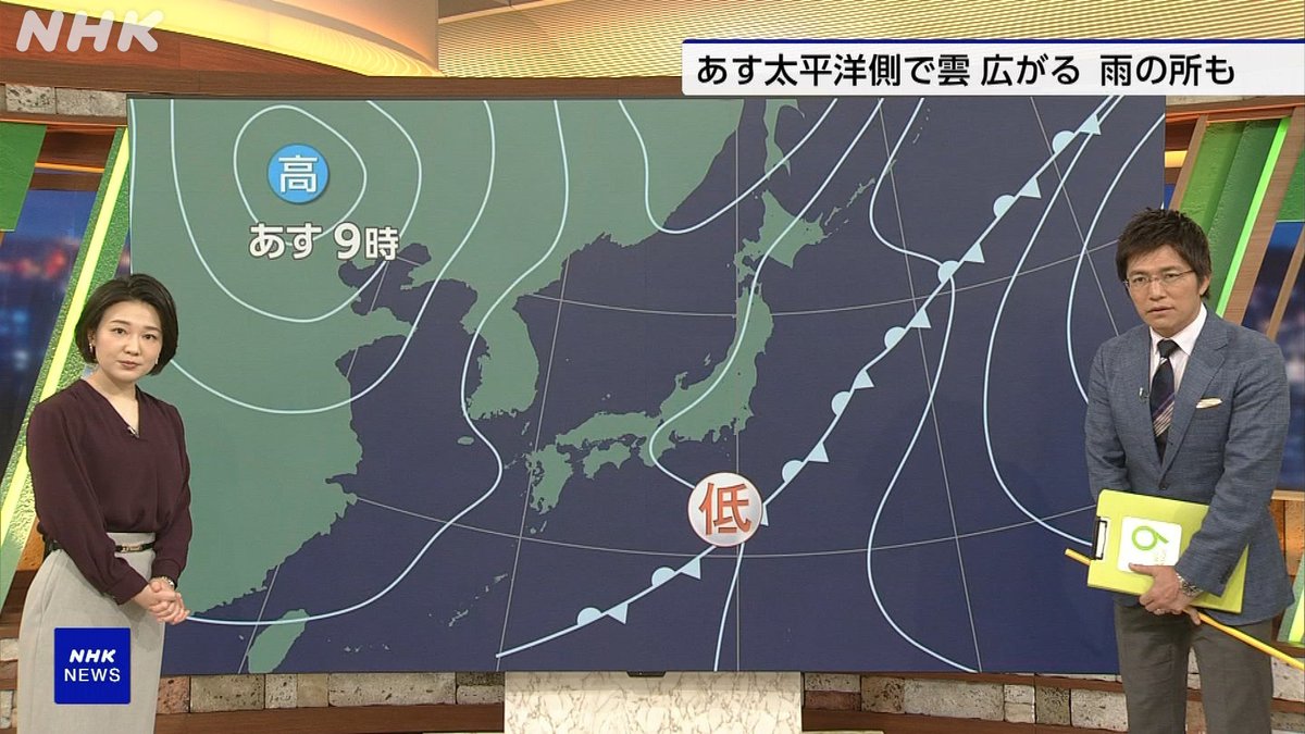 あす１５日（水）は広く晴れますが、 太平洋側で次第に雲が広がりそうです 夜は関東で雨の降る所があるので、 折りたたみ傘をご用意ください   詳しくは、気象情報をチェック plus.nhk.jp/watch/st/g1_20…   #ニュースウオッチ９　#斉田季実治　 #気象情報