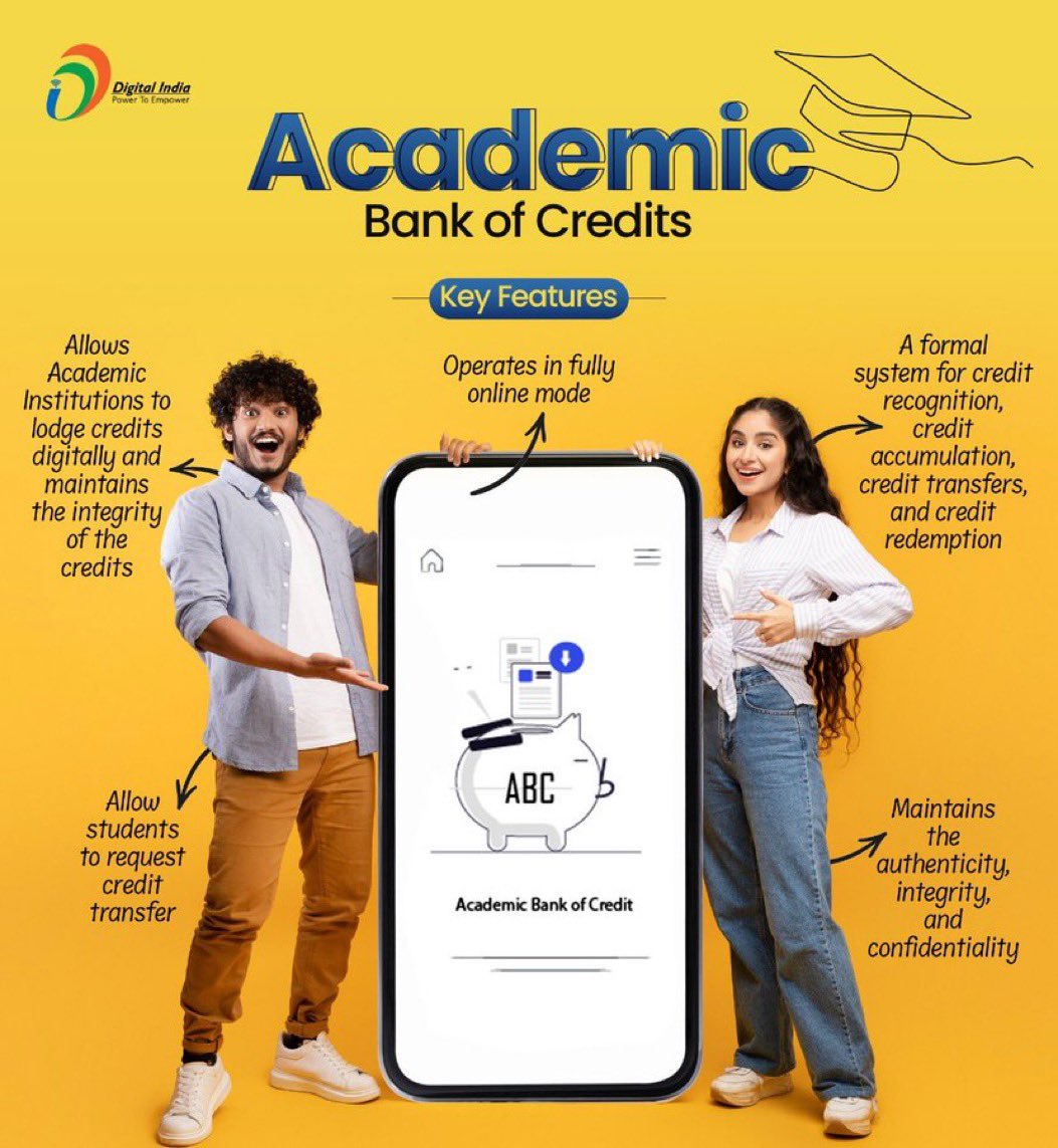 🎓 Academic Bank of Credits (ABC) deposits #credits awarded by registered institutions into #bank accounts of students. The bank accepts credit documents from institutions only. 
@EduMinOfIndia @PIBHRD #DigitalIndia