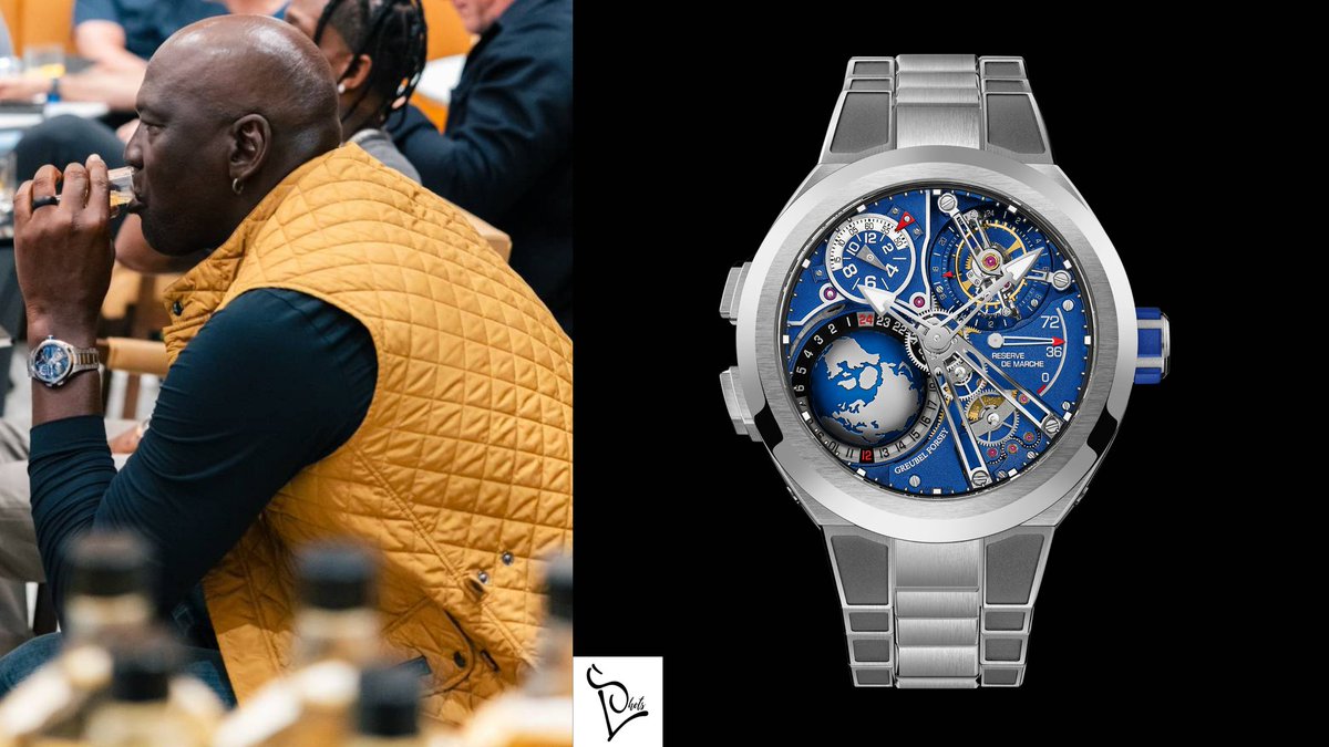 Basketball legend #MichaelJordan wears a @GreubelForsey GMT Sport Titanium. It features a blue dial.The globe positioned between 7 and 9 o’clock incarnates the three-dimensional display of time dear to Greubel Forsey. Retail Price : $590,000 #GreubelForsey #WATCH #NBA