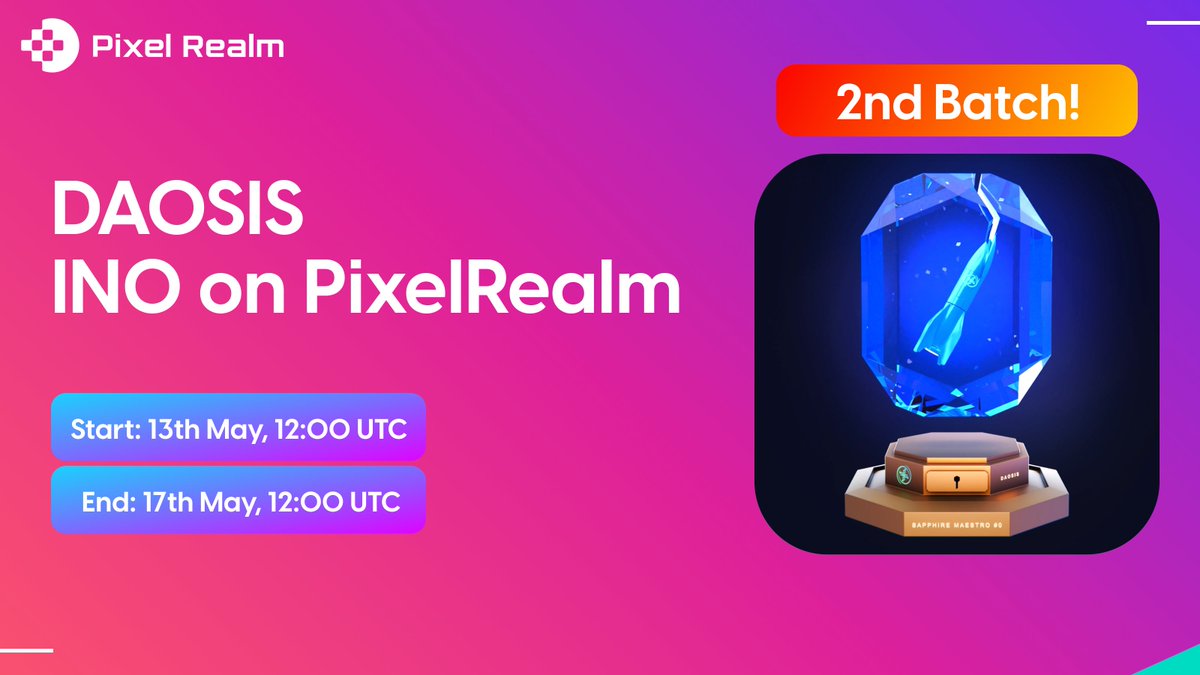 🔥 @Daosis_Official Sealed Bid Auction for the 2nd Batch has already started on PixelRealm! 🔥 🌊 We together aim to conduct a Sealed Bid Auction for 20 exclusive NFTs that grant access to the Tier Sapphire Maestro on PixelRealm. ⌛️ Duration: 4 Batches, 24 Hours each About…