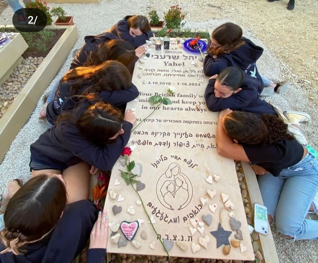 Children grieve on the grave of their 13 year old classmate. British-Israeli teenager Yahel Sharabi was among dozens of children gunned down without mercy on October 7th. Her loved ones described her as “full of adventure and mischief.”