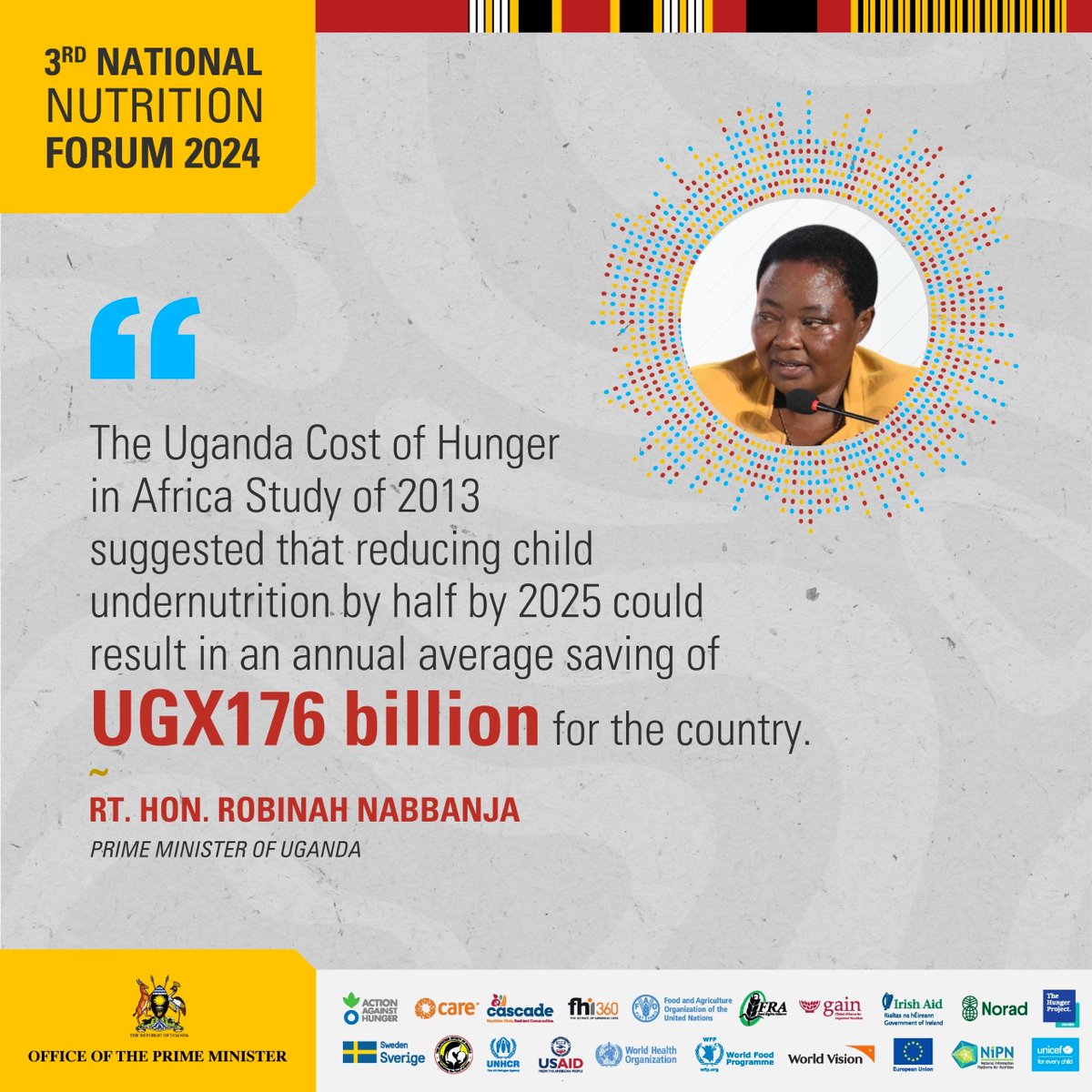 The Uganda Cost of Hunger in Africa Study of 2013 suggested that reducing child undernutrition by half by 2025 could result in an annual average saving of Ugandan Shillings 176 billion for the country according to the Prime Minister, @R_Nabbanja. #NationalNutritionForum2024