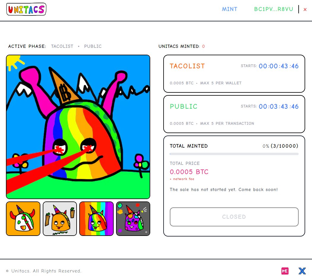 UNITACS's tweet image. UNITACS MINT BEGINS IN 40 MINUTES AT 10AM EST

MINT LINK: unitacs.xyz/mint

- TACOLIST: 10AM EST - 1PM EST
- PUBLIC: 1PM EST
- MAX 5 UNITACS PER WALLET

You can check eligibility at unitacs.xyz using our wallet checker.

Anali is so thankful for all of your…