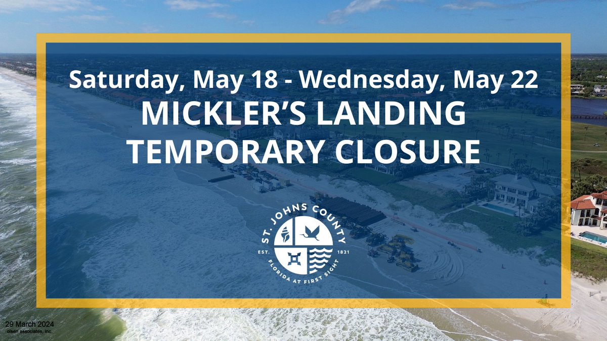 THIS WEEKEND: Mickler’s Landing will be temporarily closed Saturday, May 18 - Wednesday, May 22 to speed up the Ponte Vedra Beach Restoration Project! 
Originally set to finish by mid-August, we're now aiming for completion by the end of June!

🌐 sjcfl.us/PVB #MYSJCFL