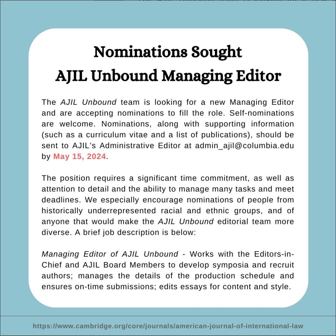 🚨 AJIL Unbound ME nominations are due tomorrow! 🚨