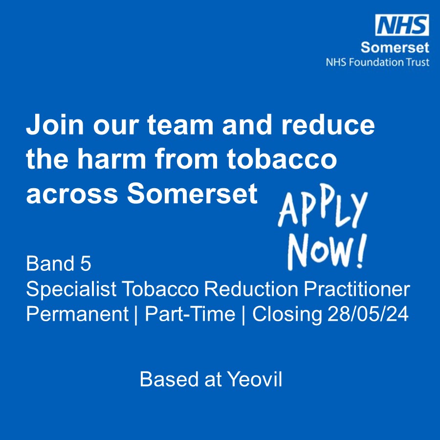 We have an exciting Band 5 vacancy, based in Yeovil. Play your part reducing the harm from tobacco across Somerset. Closes: 28/05/24. 

Find out more here: somersetft.nhs.uk/recruitment/se…

#quitsmoking #somersetft #smokefreesomerset #smokefree #stopsmoking