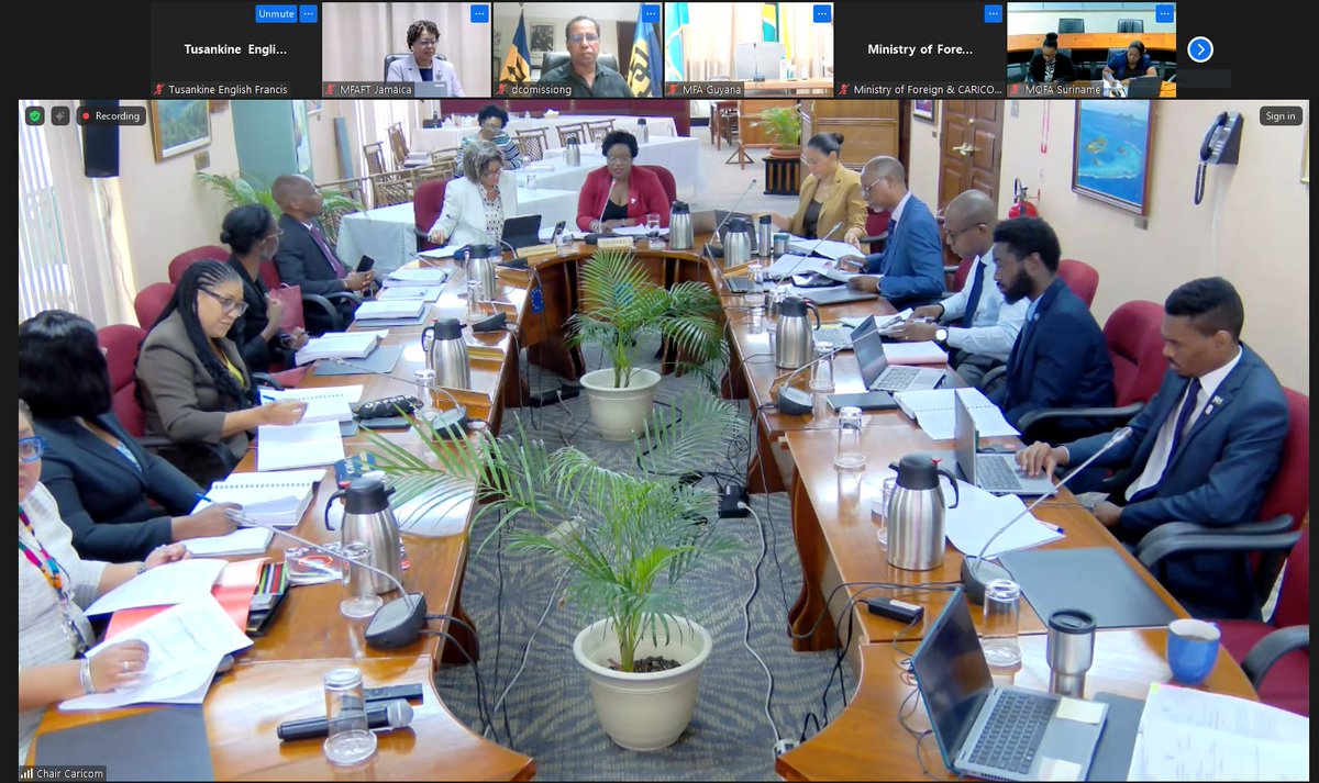 #ICYMI Senior foreign affairs officials met via video conference anchored at #CARICOM HQ on 29-30 Apr 2024 to review and finalise the foreign policy matters that will be placed on the agenda of the 27th Meeting of COFCOR, 23-24 May in 🇩🇲 Read more at: ow.ly/Aiv350RFFCf