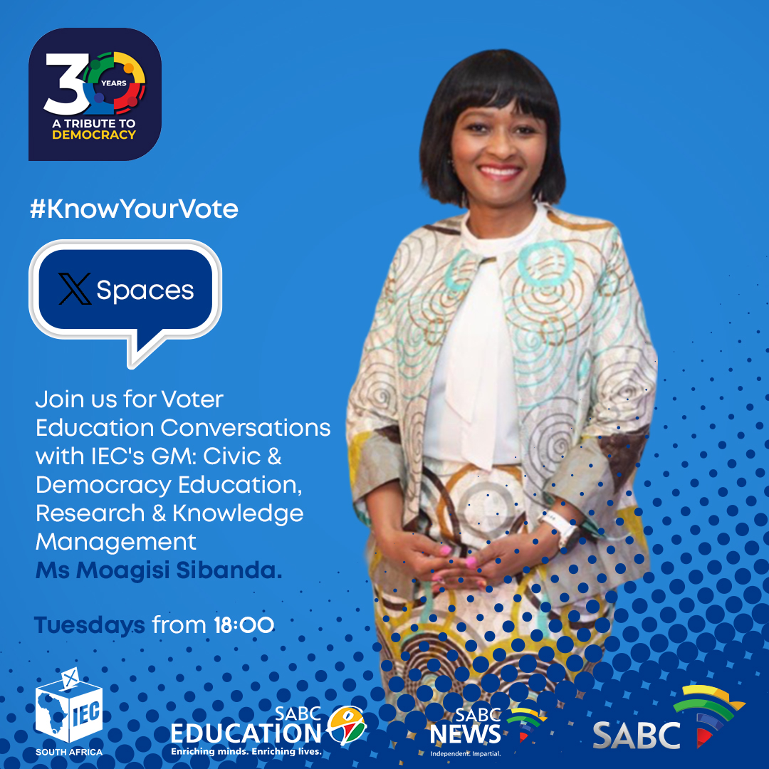 Tonight’s conversation focuses on what is new in these upcoming elections. Tune in from 18:00 on SABC’s X-Spaces. Click here to join: x.com/i/spaces/1vagr… #KnowYourVote