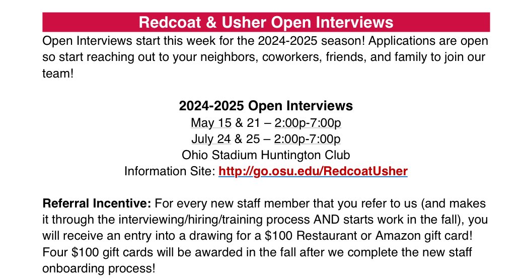 OSUBlockie's tweet image. Open interviews to become an usher or redcoat are tomorrow and next Tuesday! Apply at go.osu.edu/RedcoatUsher! Besides being paid to attend events at Ohio Stadium and/or other venues (if a Redcoat), you get free parking, 50% off concessions, and more! #GoBucks!!!
