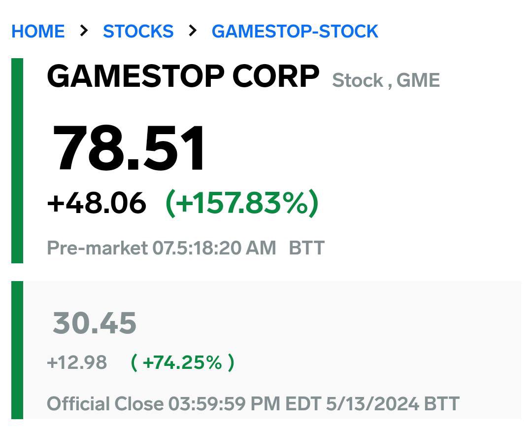 🚨 BREAKING 🚨 GAMESTOP IS UP 158% IN PRE-MARKET TO $78.5 TODAY'S MARKET OPEN IS GOING TO BE VERY INTERESTING IF GAMESTOP CONTINUES TO PUMP LIKE THIS, MEMECOINS COULD GO PARABOLIC TOO