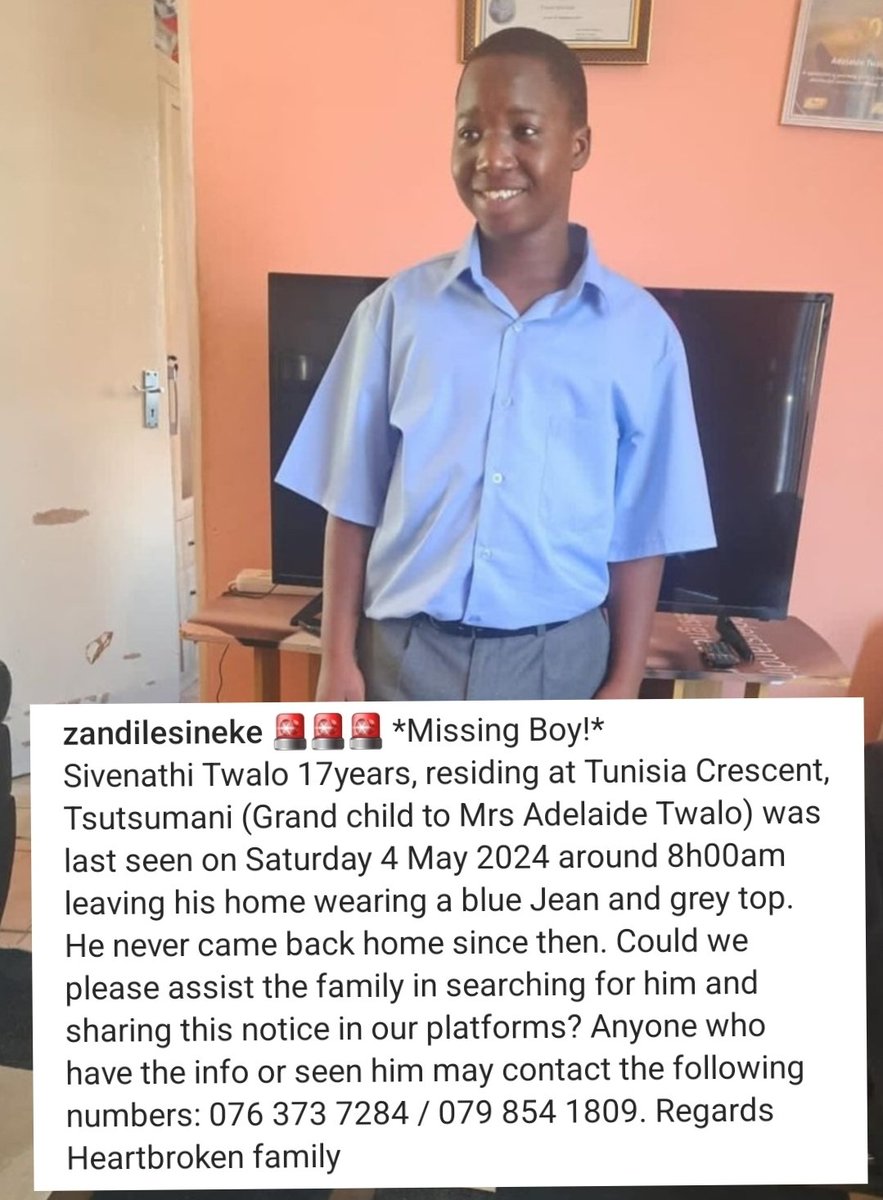 Sivenathi Twalo, 17, was last seen in Tsutsumani on 4 May 2024. Please RT and help us bring him home safely. #missingchild