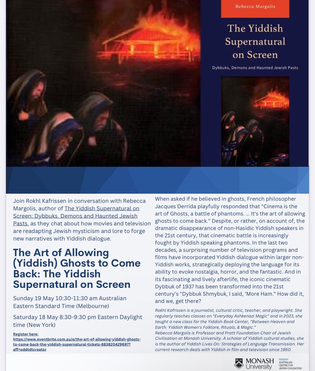 Hey hey! There's a dybbuk in my screen! Come talk about it with me and scholar and author of 'The Yiddish Supernatural Onscreen' Rebecca Margolis! This Saturday night, for east coast, northern hemisphere folks, Sunday for Aussies. Woo! 👻