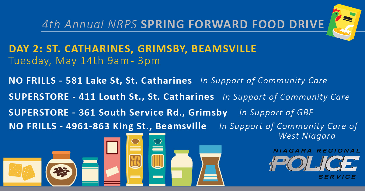 NiagRegPolice's tweet photo. It's day 2 of our Spring Food Drive! Today officers will be at select grocery stores in St. Catharines, Grimsby and Beamsville accepting donations for local food banks until 3pm.
#CommunityFirst
#SpringFoodDrive
#PoliceWeek2024 https://t.co/SerDRxC1E9