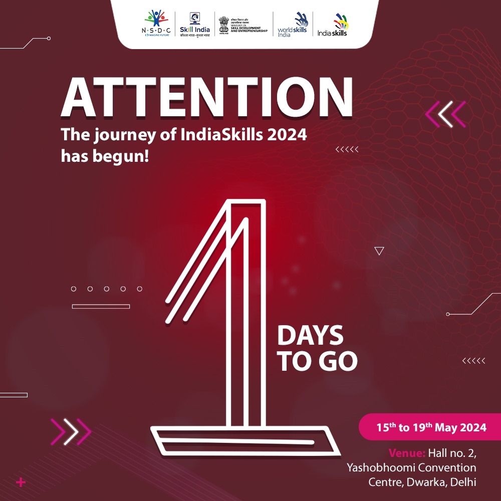 Only 1 day left until Indiaskills 2024 kicks off at Hall no. 2, Yashobhoomi, Dwarka, Delhi, Get ready to witness skilled individuals competing to bring honour to our nation on the National Stage.

#bwssc #Indiaskills2024 #ProudIndia #SkillIndia #NSDC