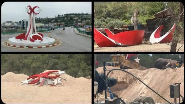 CHP’li Mersin Silifke belediyesi, Önceki dönem MHP belediyesinin yaptırdığı Ay Yıldız göbek çalışmasını söktürerek harfiyat sahasına çekti.