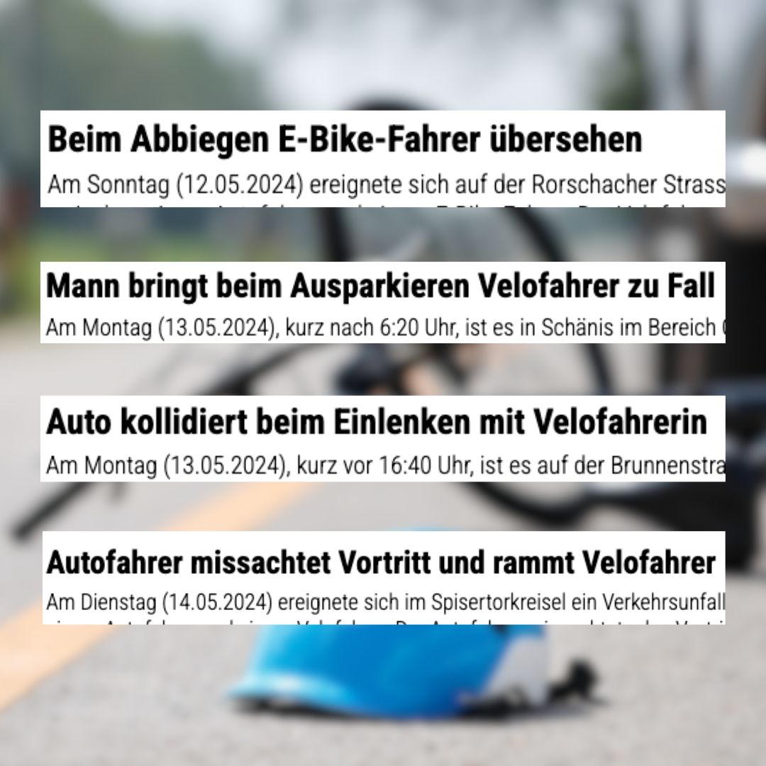 Zwischen Sonntag und Dienstag auf den Strassen in der Stadt und dem Kanton St.Gallen. Ich bin fast täglich auf dem Rad unterwegs und mich wundert das leider gar nicht. Vortritt nehmen, nah vorbeifahren oder zugeparkte Velospuren sind leider Alltag für Velofahrer.