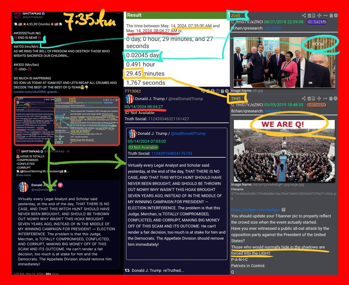 ‼️HOW MANY COINCIDENCES BEFORE MATHEMATICALLY IMPOSSIBLE‼️ WHAT ARE THE ODDS, THAT 29 MIN AFTER OUR: ‼️THE END IS NEAR‼️DECODE, TRUMP RETRUTHS THAT EXACT SAME TRUTH WITH A GAP CODE SAYING: -‼️SOON‼️ -WE ARE Q -THOSE who would normally HIDE in the SHADOWS are FORCED INTO the…