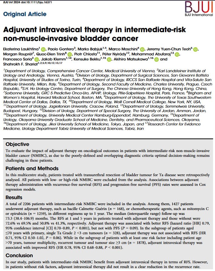 Online now: Adjuvant intravesical therapy in intermediate-risk non-muscle-invasive #BladderCancer @E_Laukhtina et al doi.org/10.1111/bju.16…