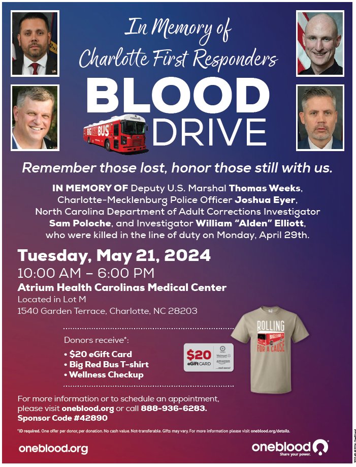 Metrolina Trauma Advisory Committee (MTAC) (@metrolinatrauma) on Twitter photo Join the team at <a href="/AtriumHealth/">Atrium Health</a> Carolinas Medical Center on Tuesday, May 21st as they host a blood drive in honor of Marshal Thomas Weeks, Officer Joshua Eyer, Investigator Sam Poloche, & Investigator Alden Elliot.
#MetrolinaTrauma #DonateBlood <a href="/CMPD/">CMPD News</a> <a href="/USMarshalsHQ/">U.S. Marshals Service</a> <a href="/NCCorrection/">NC Adult Correction</a> Join the team at <a href="/AtriumHealth/">Atrium Health</a> Carolinas Medical Center on Tuesday, May 21st as they host a blood drive in honor of Marshal Thomas Weeks, Officer Joshua Eyer, Investigator Sam Poloche, & Investigator Alden Elliot.
#MetrolinaTrauma #DonateBlood <a href="/CMPD/">CMPD News</a> <a href="/USMarshalsHQ/">U.S. Marshals Service</a> <a href="/NCCorrection/">NC Adult Correction</a>